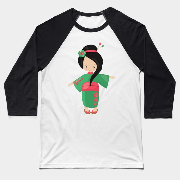 Japanese Girl, Japan, Cute Girl, Green Kimono Baseball T-Shirt by Jelena Dunčević